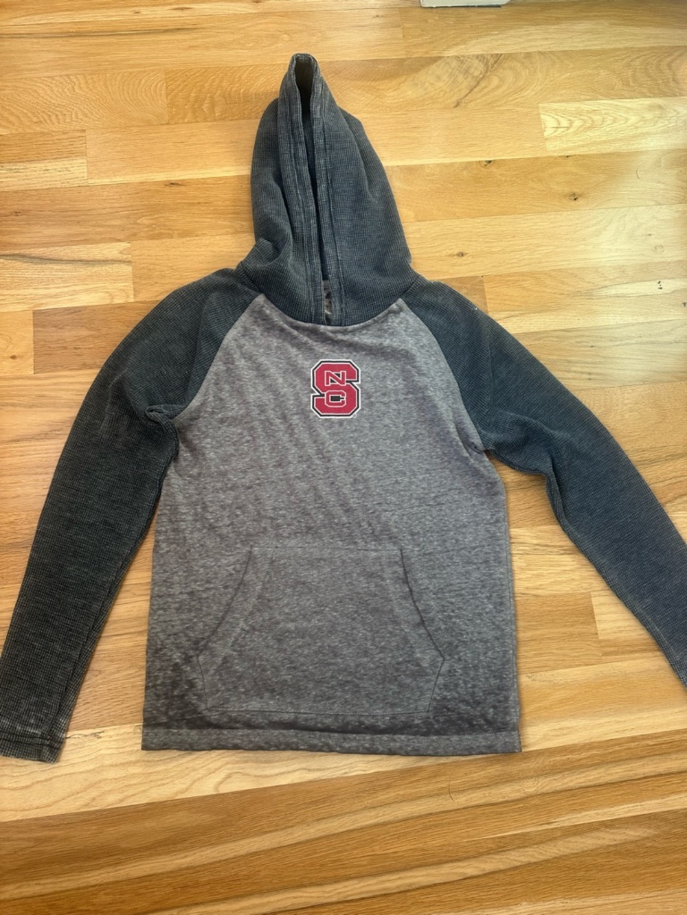 Colosseum Gray and Charcoal Hooded Long Sleeve Tee with NC State Logo